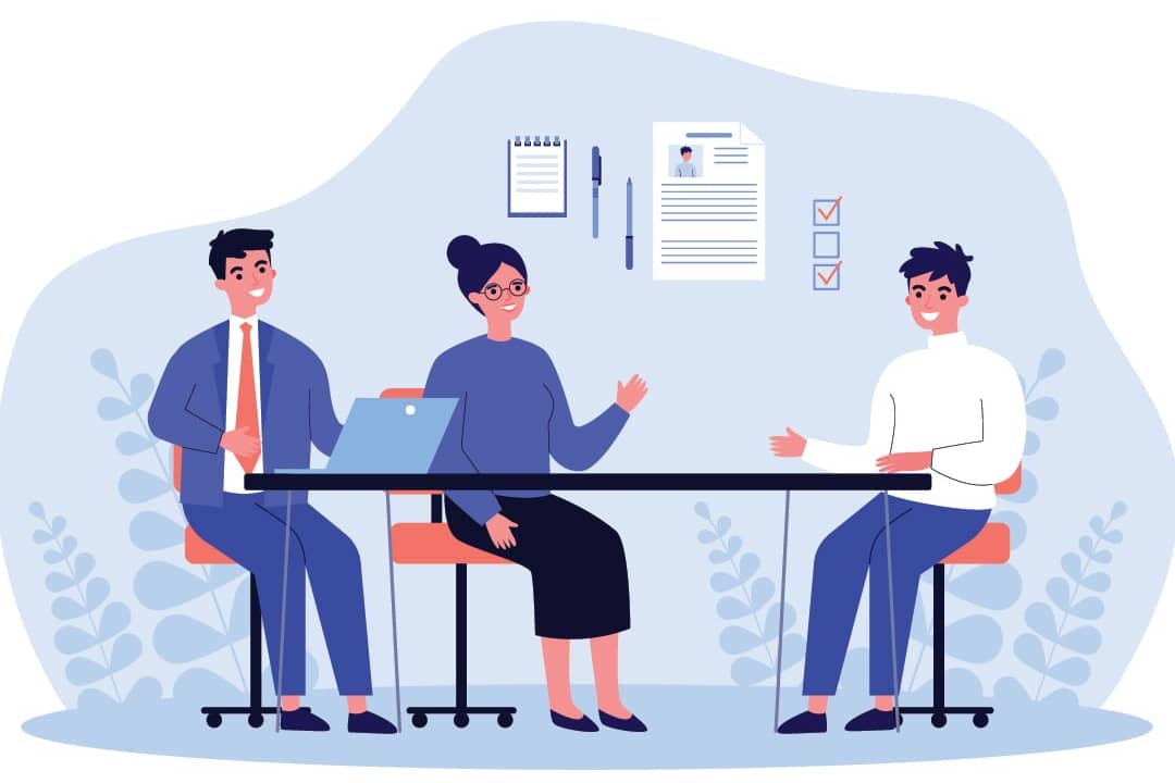 A digital illustration of parents meeting with a financial advisor before co-signing a loan with their adult child.